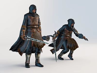 Hooded Fantasy Characters With Ornate Robes And Swords In Standing And Crouching Stances 3d model