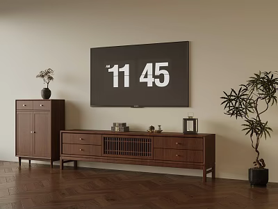 Modern Living Room Featuring Large Screen TV Showing 11 45 Wooden Furniture And Green Plant 3d model