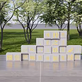 Garden Landscape With Trees Lawn Gray Blocks And Golden Characters On Platform