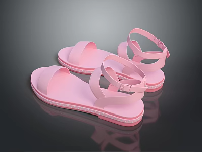 Pink Flat Summer Sandals With Two Straps And Ankle Strap Design 3d model