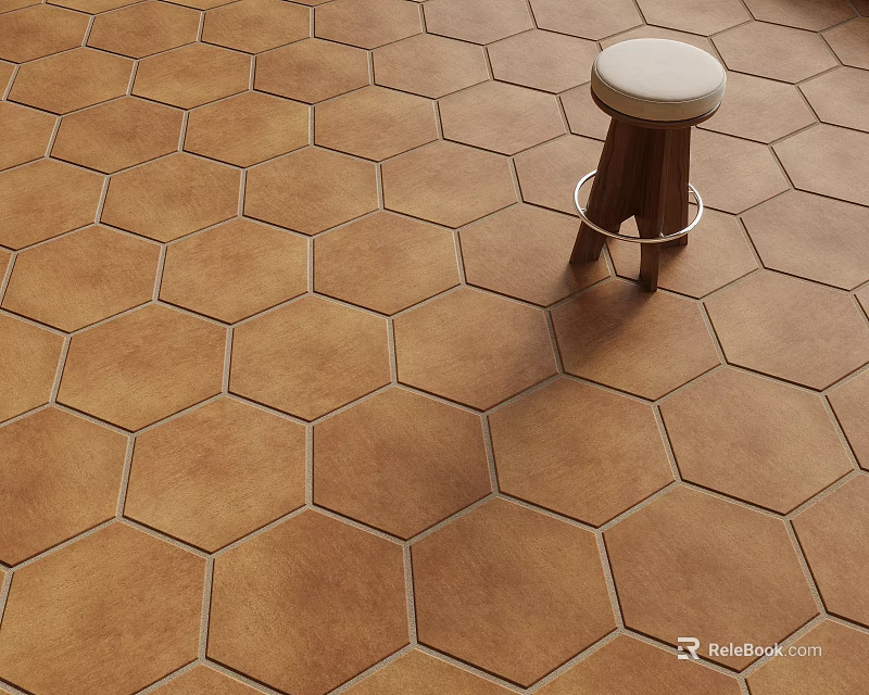 Brown Hexagonal Floor Tiles With Wooden Stool On Interior Floor Surface 3d model 