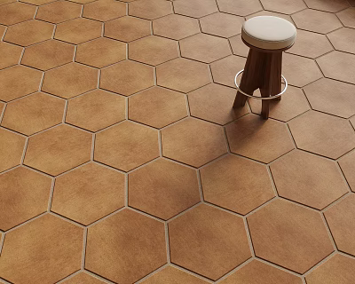 Brown Hexagonal Floor Tiles With Wooden Stool On Interior Floor Surface 3d model