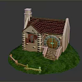Cute Model House With Red Tiled Roof Chimney Arched Door Wooden Fence On Green Grass