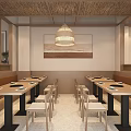 Modern Wooden Restaurant Interior With Pendant Lights Large Windows Long Corridor And Dining Tables