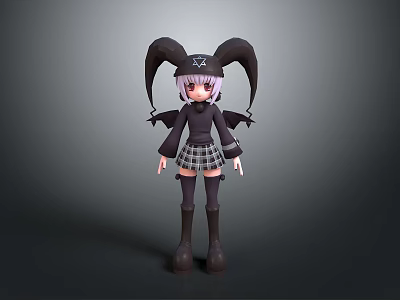 Anime Character Design With Purple Hair Horned Headpiece Black Top Plaid Skirt And Small Wings 3d model