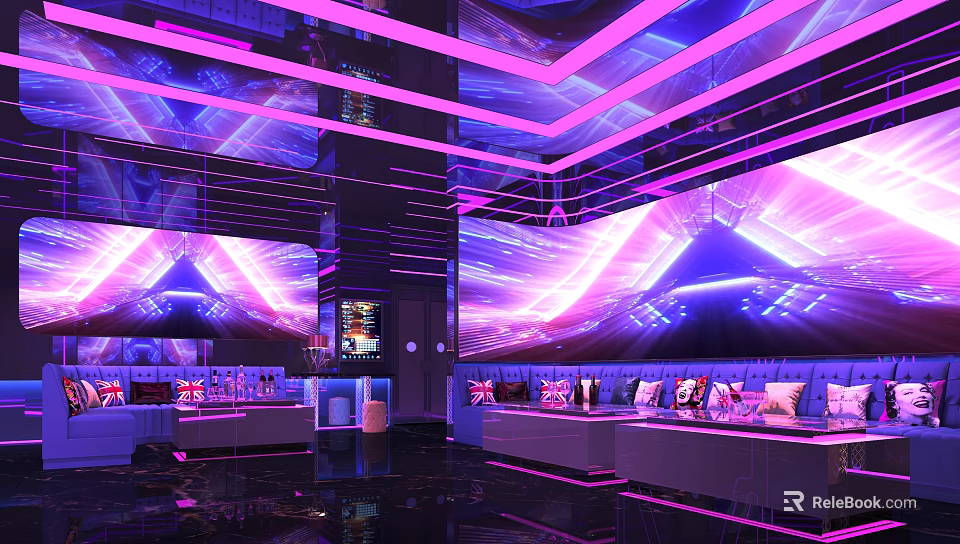 Modern KTV with Purple Pink Neon Lights Spacious Space Sofas TV Screens and Modern Decor 3d model 