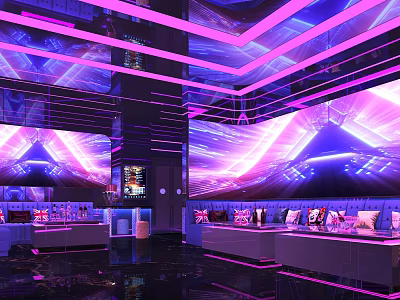 Modern KTV with Purple Pink Neon Lights Spacious Space Sofas TV Screens and Modern Decor 3d model
