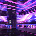 Modern KTV with Purple Pink Neon Lights Spacious Space Sofas TV Screens and Modern Decor