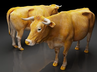 Two Yellow Cows With White Horns Standing On Gray Reflective Ground 3d model