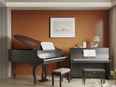 Musical Instruments Art Supplies In Room With Grand Upright Pianos Stools And Wall Artwork 3d model