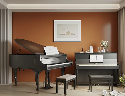 Musical Instruments Art Supplies In Room With Grand Upright Pianos Stools And Wall Artwork 3d model