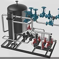 Industrial Equipment With Large Black Tank Pipes Blue Red Valves And Metal Framework