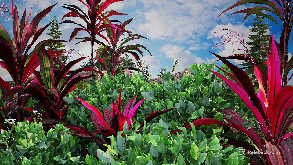 Lush Green Shrubs With Vibrant Red Leaves Against Blue Sky And White Clouds 3d model 