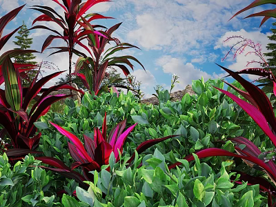 Lush Green Shrubs With Vibrant Red Leaves Against Blue Sky And White Clouds 3d model