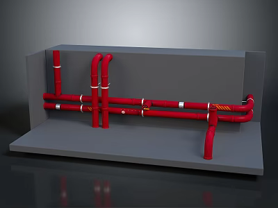 Red Pipe Installation Model With Gray Base And Connecting Fittings 3d model