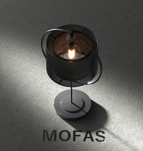 Modern Table Lamp With Black Mesh Lampshade Metal Frame Circular Base And Illuminated Bulb 3d model 