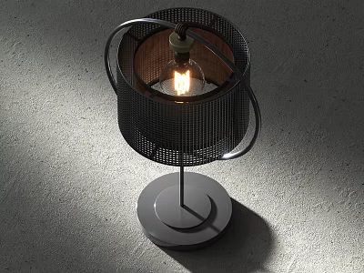 Modern Table Lamp With Black Mesh Lampshade Metal Frame Circular Base And Illuminated Bulb 3d model