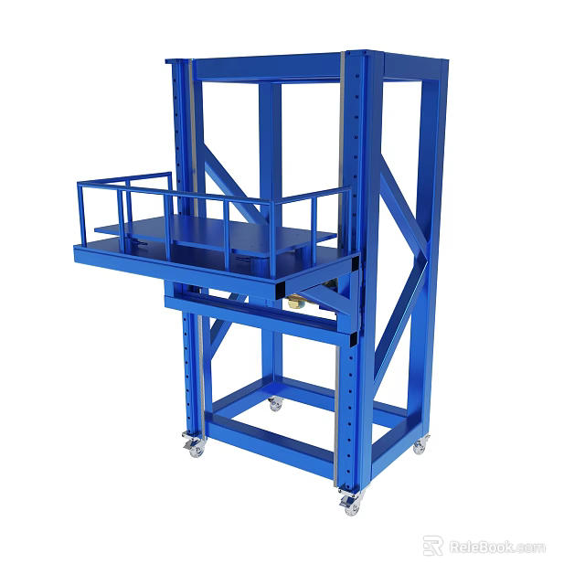 Sturdy Blue Mobile Platform with Metal Frame Railing and Lockable Wheels 3d model