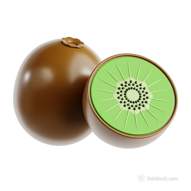 Whole And Sliced Kiwi Fruit Showing Green Flesh With Black Seeds 3d model 