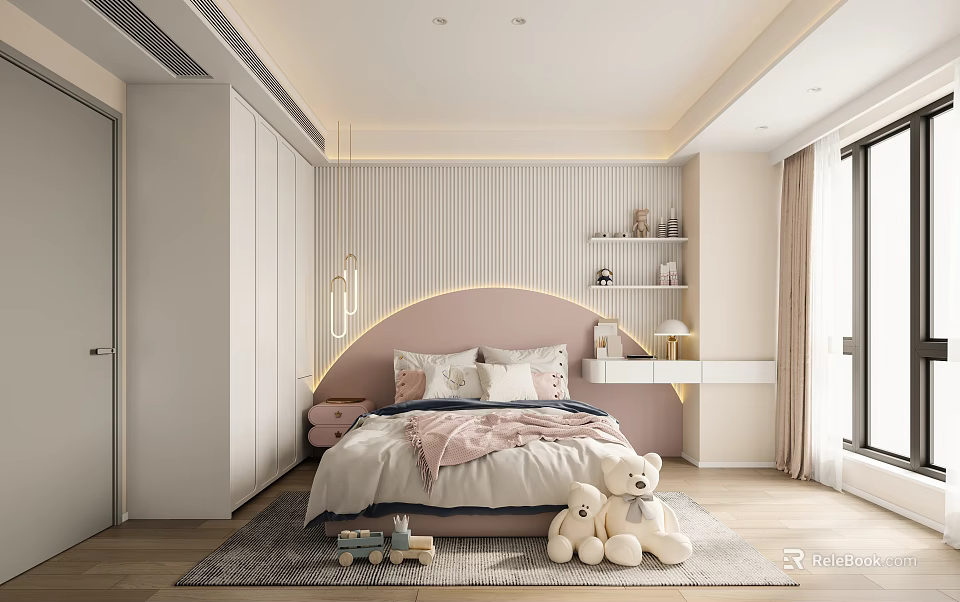 Kids Room Interior Design With Pink Headboard Stuffed Teddy Bears And Shelves 3d model 