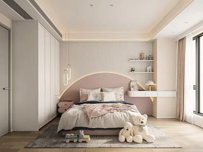 Kids Room Interior Design With Pink Headboard Stuffed Teddy Bears And Shelves 3d model
