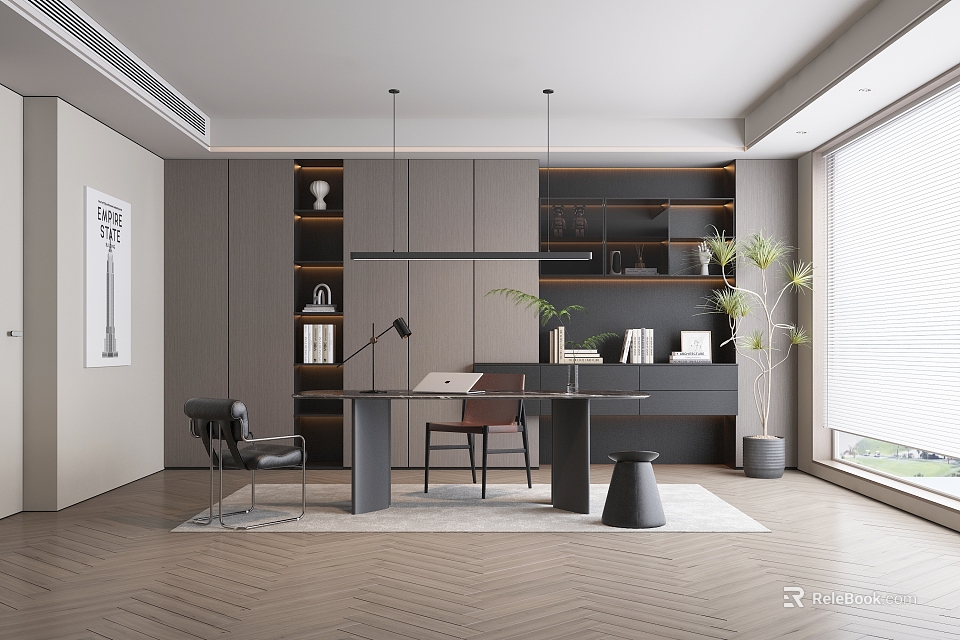Modern Home Office Interior With Wooden Desk Bookshelf Pendant Lights And Green Plant 3d model 