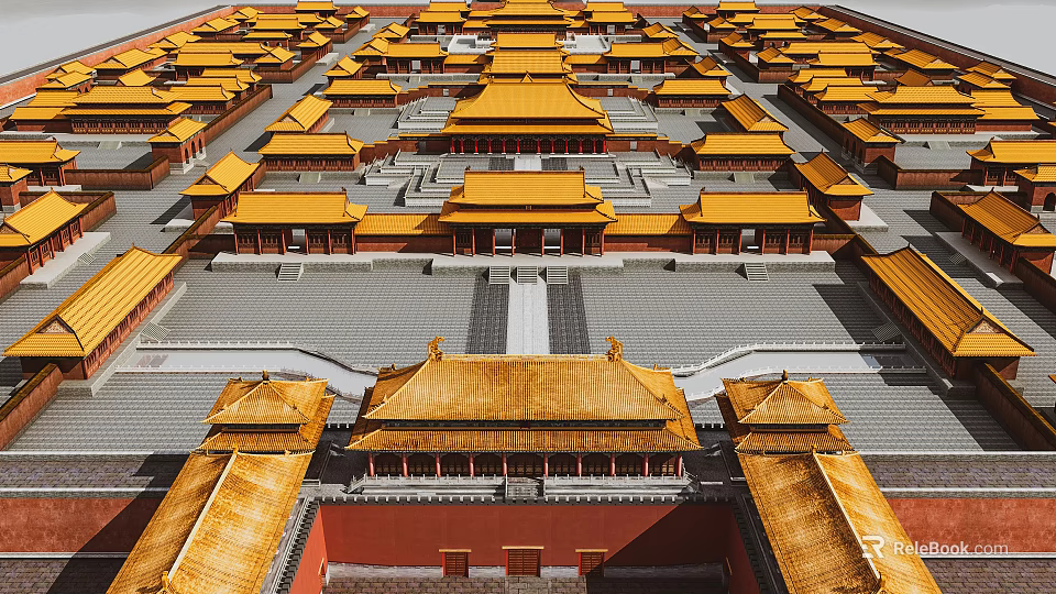 Traditional Ancient Architecture Complex With Yellow Tiled Roofs Red Walls And Symmetric Courtyards 3d model 
