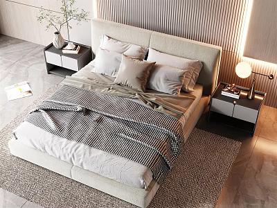 Modern Double Bed With Upholstered Headboard Striped Duvet Pillows Nightstands Table Lamps 3d model