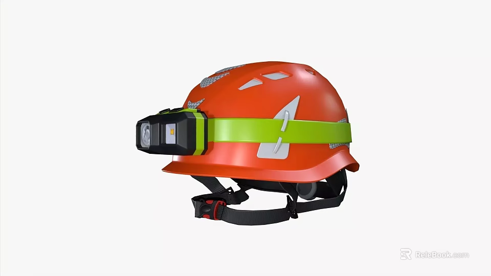 Orange Safety Helmet With Green Strap And Attached Headlamp For Work Use 3d model