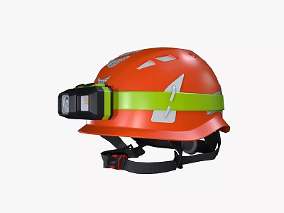 Orange Safety Helmet With Green Strap And Attached Headlamp For Work Use 3d model