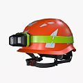 Orange Safety Helmet With Green Strap And Attached Headlamp For Work Use 3d model