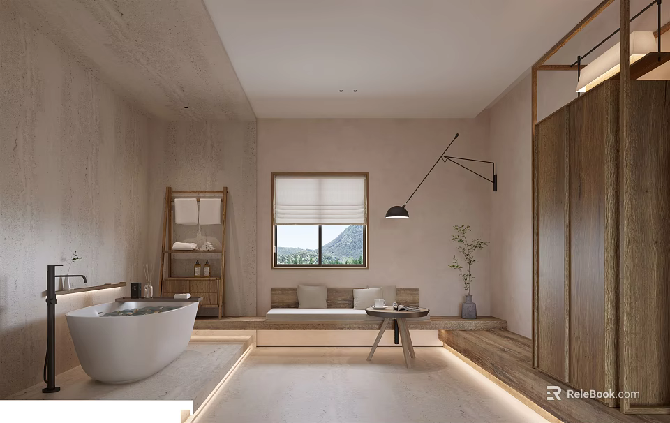 Modern Bathroom Interior with Bathtub Window Mountain View Wooden Cabinet Seating Area Ambient Lighting 3d model 
