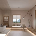 Modern Bathroom Interior with Bathtub Window Mountain View Wooden Cabinet Seating Area Ambient Lighting