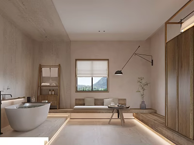 Modern Bathroom Interior with Bathtub Window Mountain View Wooden Cabinet Seating Area Ambient Lighting 3d model