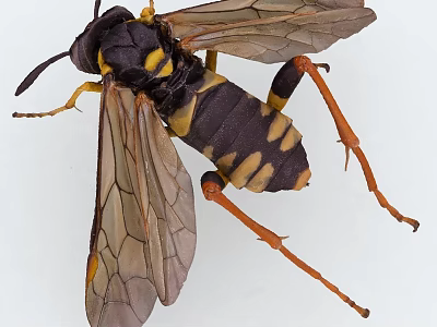 Black and Yellow Insect With Transparent Wings And Orange Legs Displayed On White Background 3d model
