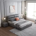 Background Double Bed Interior With Gray Headboard Pillows Blanket Nightstand Lamp Wall Painting And Blinds