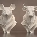 White Rat And Bull Head Sculptures With Wavy Base Artistic Design