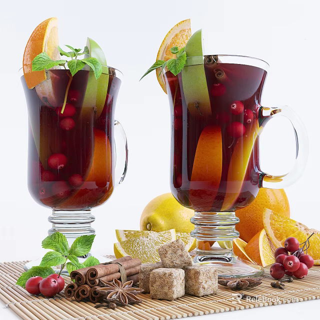 Homemade Red Beverage In Glasses With Orange Lemon Slices Cranberries Cinnamon Sticks And Mint Leaves 3d model 