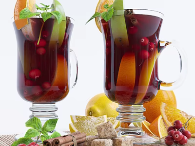 Homemade Red Beverage In Glasses With Orange Lemon Slices Cranberries Cinnamon Sticks And Mint Leaves 3d model