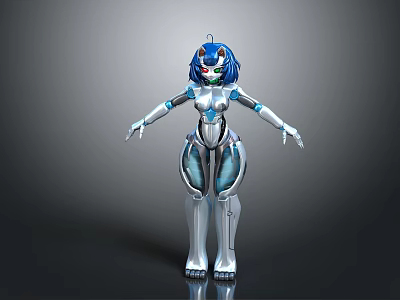 Futuristic Robot Character With Blue Hair And Mechanical Humanoid Body Design 3d model