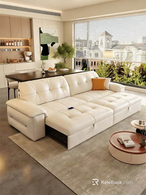 Modern White Leather Sofa Bed With Orange Cushion In Bright Living Room 3d model 