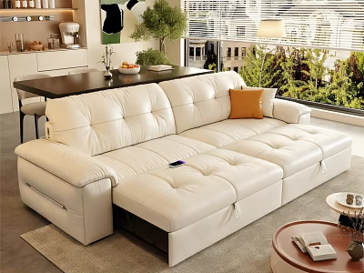 Modern White Leather Sofa Bed With Orange Cushion In Bright Living Room 3d model