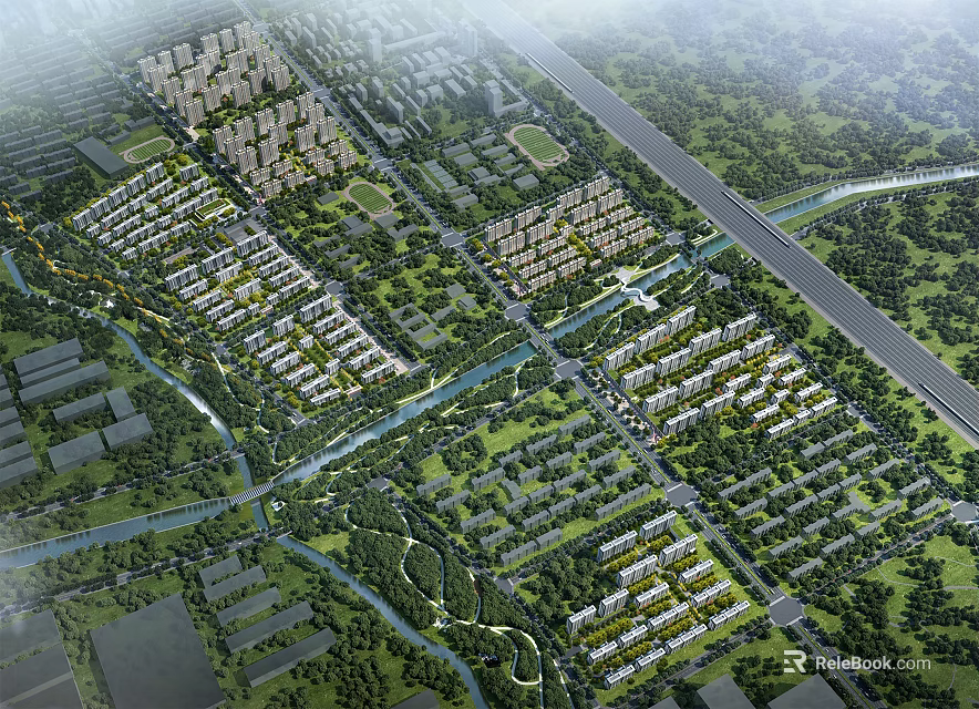 Aerial Planning Layout of Modern Residential Community With River And Green Spaces 3d model 