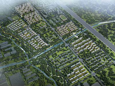 Aerial Planning Layout of Modern Residential Community With River And Green Spaces 3d model