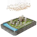 Urban Development Scale Model With High Rise Buildings Green Area Water Pool and Bird Chandelier