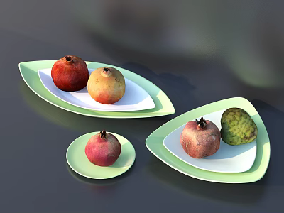 Fresh Pomegranate and Mixed Fruits on Oval Round and Triangular Green Plates 3d model
