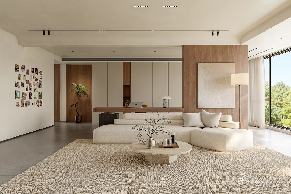 Modern Living And Dining Room With Beige Sofa Coffee Table Wooden Accent Wall And Rug 3d model 