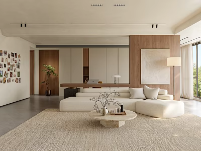 Modern Living And Dining Room With Beige Sofa Coffee Table Wooden Accent Wall And Rug 3d model