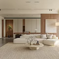 Modern Living And Dining Room With Beige Sofa Coffee Table Wooden Accent Wall And Rug