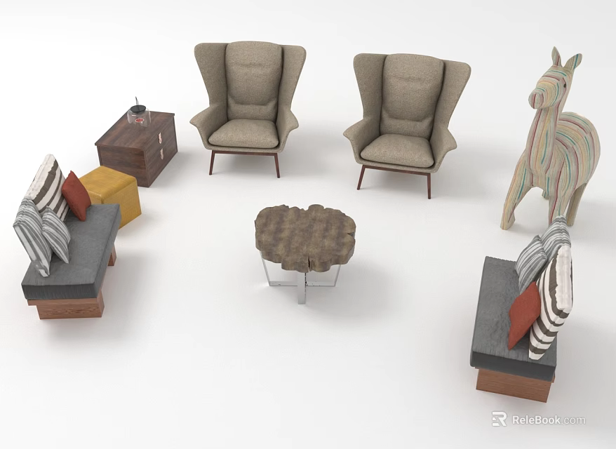 Modern Casual Sofa Set With Armchairs Coffee Table Soft Cushions And Side Table 3d model 